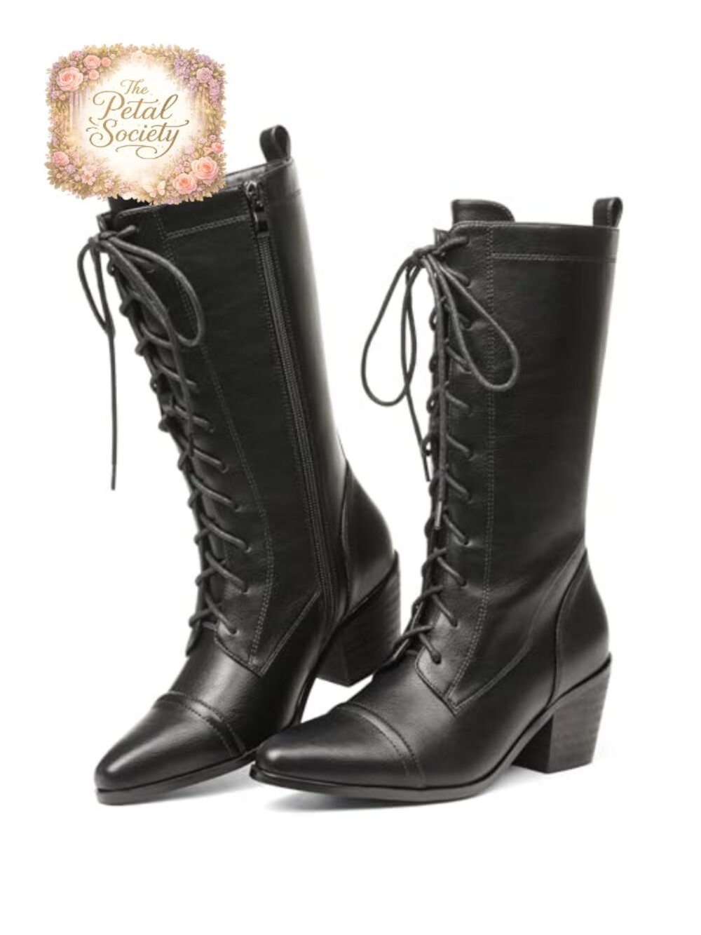 Women's Mid Calf Combat Boots Microfiber Chunky Heel Lace Up Zip